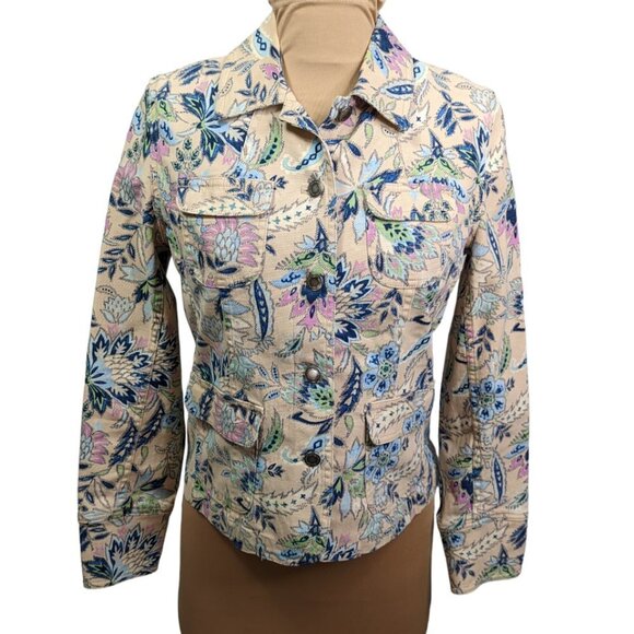 CHARTER CLUB Cotton Floral Denim Button Up Jacket Beige Size Petite Small - Picture 1 of 15